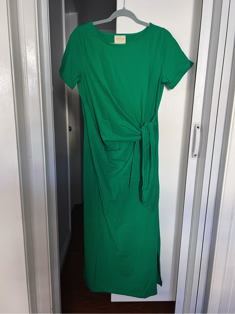 Sezane Green Midi Dress with Side Knot Detail - Picture 3 of 9